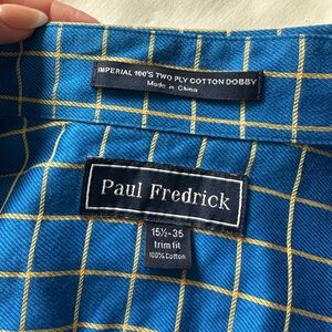 Paul Fredrick Blue Gold Windowpane Dress Shirt 15.5 35 Trim Fit Dobby